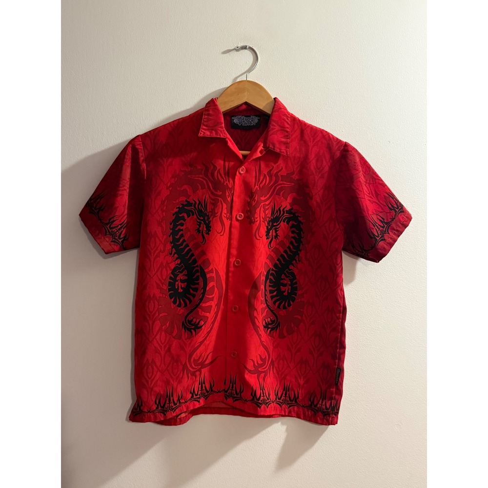 Silver Point Y2k Mens Red Black Dragon Graphic Shirt Loop Collar Short Sleeve S